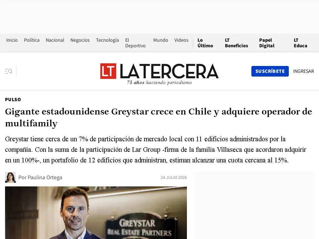 Gigante estadounidense Greystar crece en Chile y adquiere operador de multifamily - La Tercera