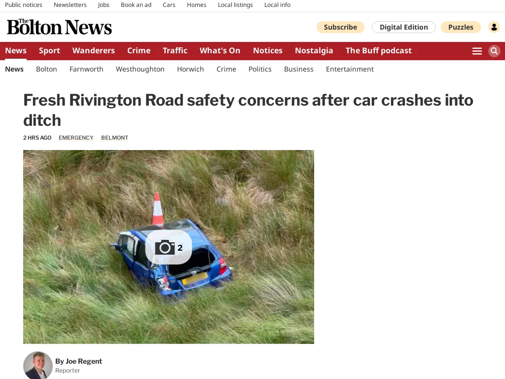Fresh Rivington Road safety concerns after car crashes into ditch | The Bolton News