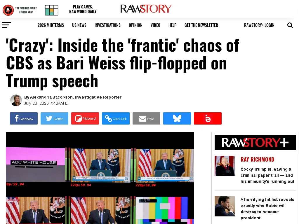 'Crazy': Inside the 'frantic' chaos of CBS as Bari Weiss flip-flopped on Trump speech - Raw Story