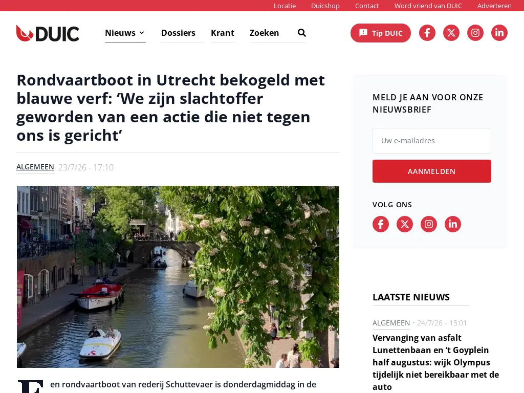 Rondvaartboot in Utrecht bekogeld met blauwe verf: ‘We zijn slachtoffer geworden van een actie die niet tegen ons is gericht’ - Het laatste nieuws uit Utrecht