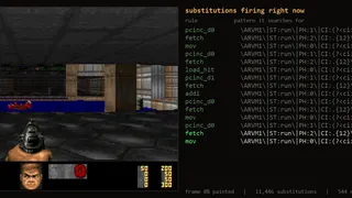  Daring coder gets Doom running with regular expressions at 180 seconds per frame, like playing 'correspondence chess with a shotgun' — nearly 14 million substitutions to render a frame at 80,000 substitutions per second 