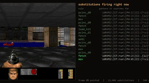  Daring coder gets Doom running with regular expressions at 180 seconds per frame, like playing 'correspondence chess with a shotgun' — nearly 14 million substitutions to render a frame at 80,000 substitutions per second 
