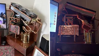  Fully custom copper PC features upcycled blowtorch reservoir — antique wooden pedestal complements steampunk design hiding a Ryzen 7 9800X3D, RX 9070 XT 