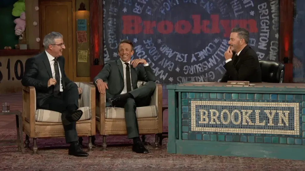 John Oliver and Seth Meyers being interviewed by Jimmy Kimmel is as chaotic as youd expect