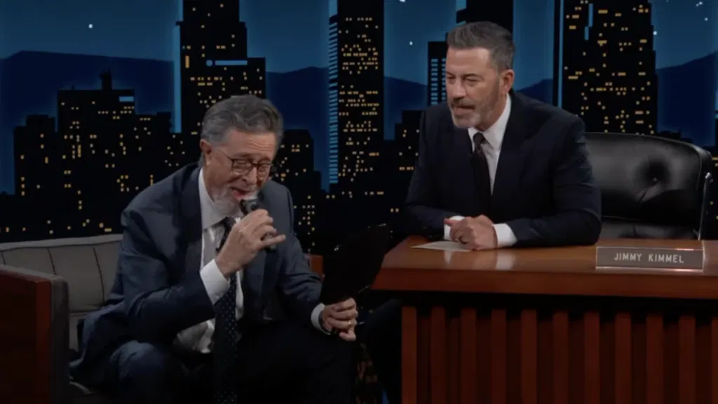 Jimmy Kimmel makes Stephen Colbert shave his beard during glorious late night return