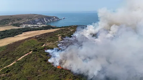 'Man-made' wildfire breaks out near tourist attraction on the Isle of Wight as farmers use their tractors as fire breaks
