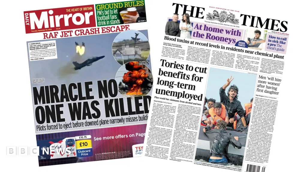 'RAF jet crash escape' and 'Tories to cut benefits'