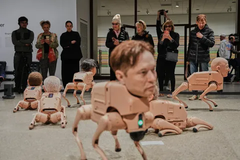 Robot dogs with Musk and Zuckerberg heads roam around Berlin gallery in Beeple's new exhibit