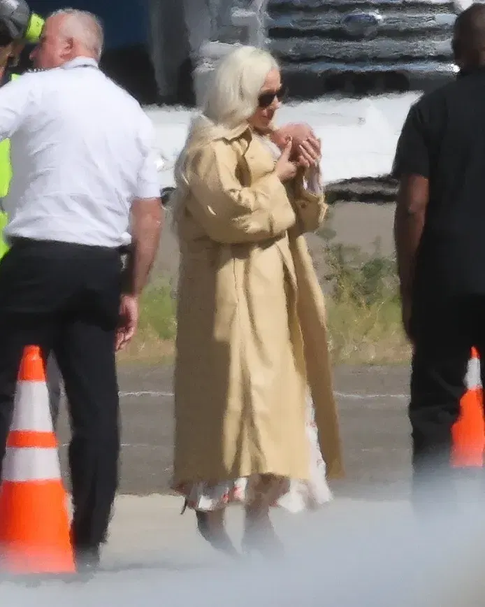 Glam Lady Gaga cradles her baby as she touches down in LA with fiancé Michael Polansky