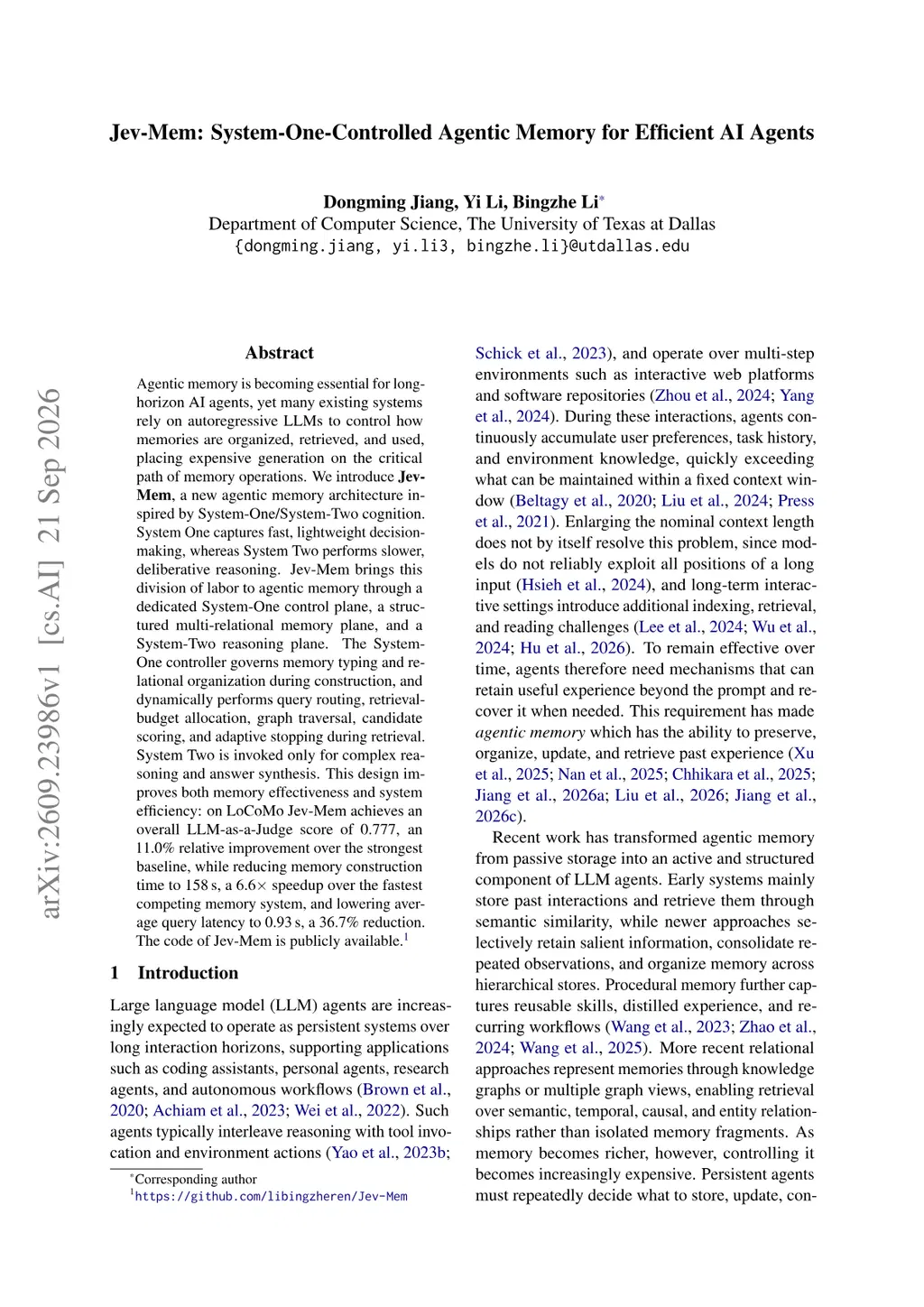 Jev-Mem: System-One-Controlled Agentic Memory for Efficient AI Agents