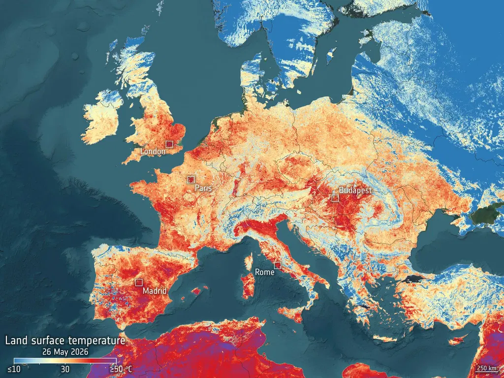 Hot surfaces during Europe's heatwave 'seen' by Sentinel-3